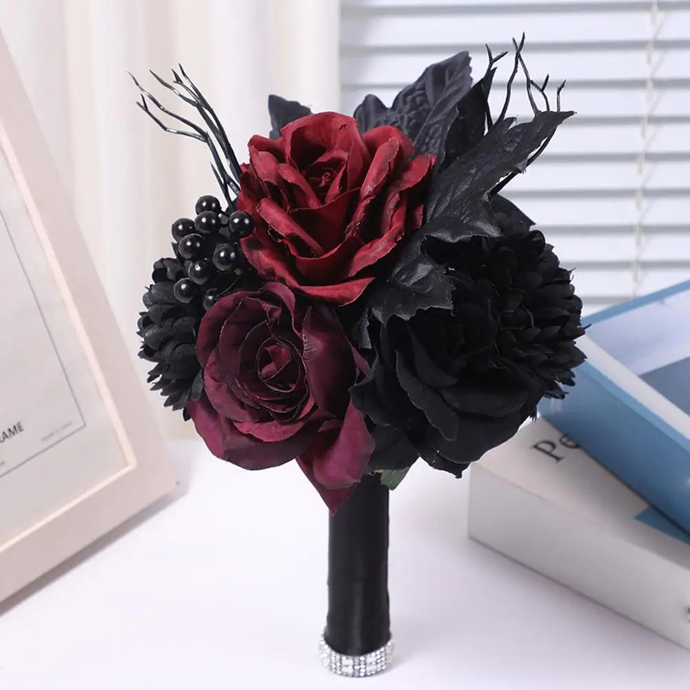 Yannew Black Burgundy Gothic Bridal Bouquets for Bride Bridesmaids Artifiicial Silk Foam Roses Flower Wedding Bouquet Halloween