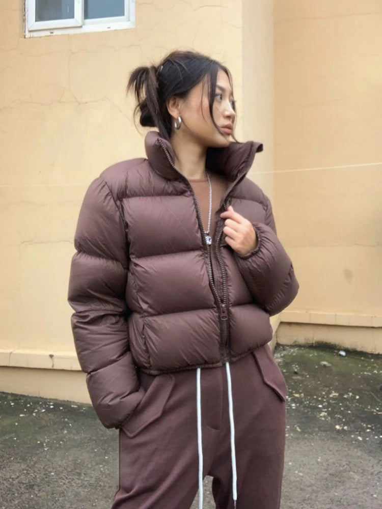 Winter Clothes Women Warm Cropped Jacket Y2K Luxury Design Windproof Coat Thick Parkas Long Sleeve Top Puffer Jacket Black Brown