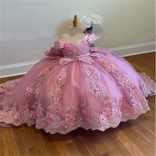 Flower Girl Dress For Wedding With Bow Lace Applique Tulle Puffy Shiny Kids Birthday Party First Communion Ball Gowns Customized