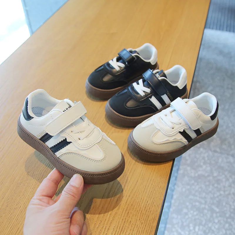 Children Spring Autumn Fashion Soft Soled German Training Shoes Boy Casual Board Shoes Girls Velcro Sneakers Striped White Shoes