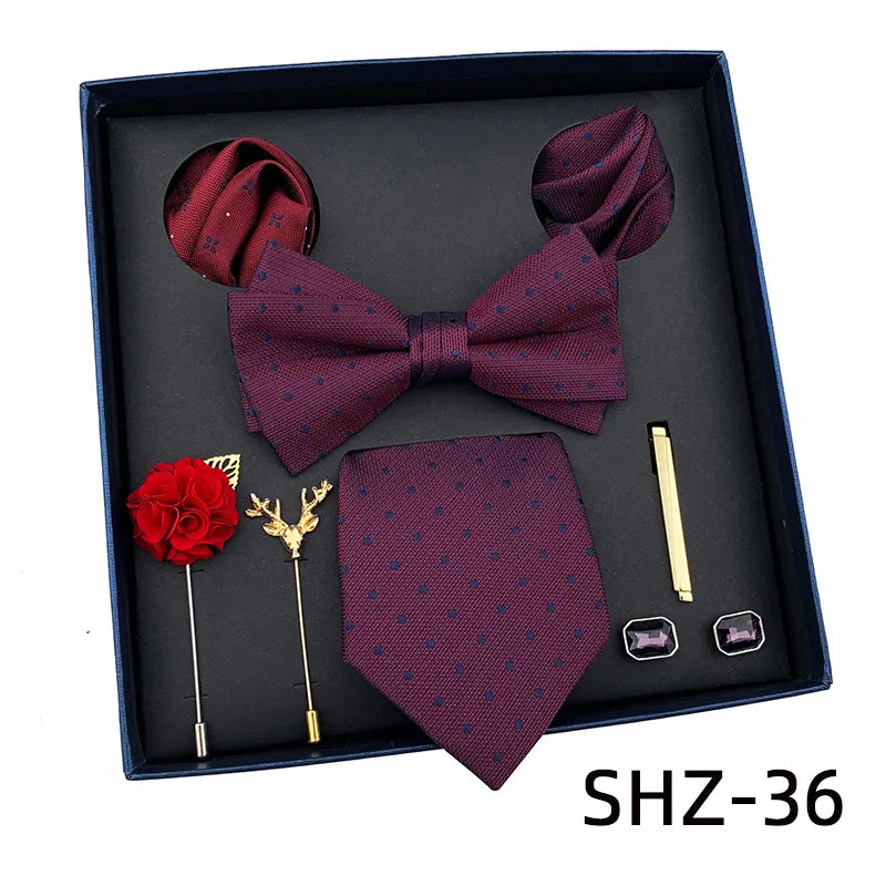 Vintage Green Men's Tie Set Luxury Neck Ties For Wedding Gift Bowtie Handkerchief Cufflinks Tie Clip Brooch Set For Male Necktie