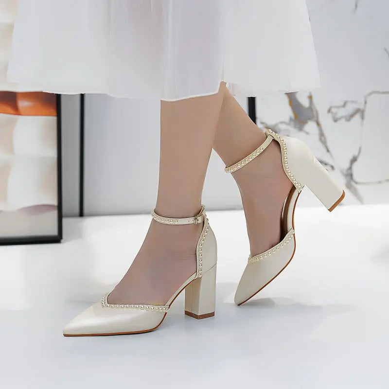 Size 34-48 Pointed Tie High Heels White Bridal Shoes Thick Heel Hollow Handmade Pearls Women's Wedding