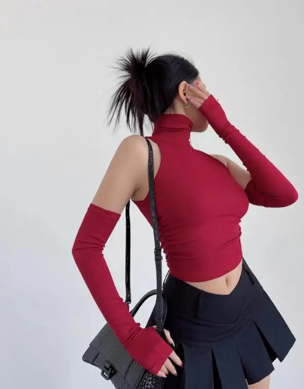 Spring Summer Top Sexy Tank Top Spicy Girl Sleeves High Neck Pleated Club Crop Top Women tshirt Skinny Streetwear Y2k Clothing