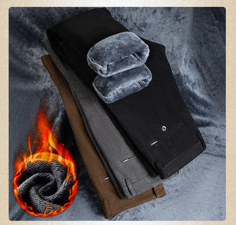 Winter New Corduroy Thick Pants Men's Fleece Fashion Business Straight Trousers Brand Comfortable Velvet Warm Plush Loose Pants