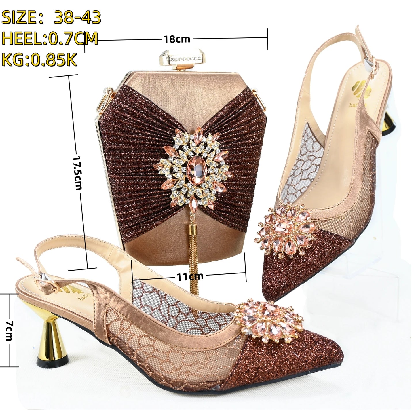 2025 Winter New Arrivals Low Heels in Coffee Italian Women Shoes and Bag Set Elegant Ladies Pointed Toe Pumps for Wedding Party