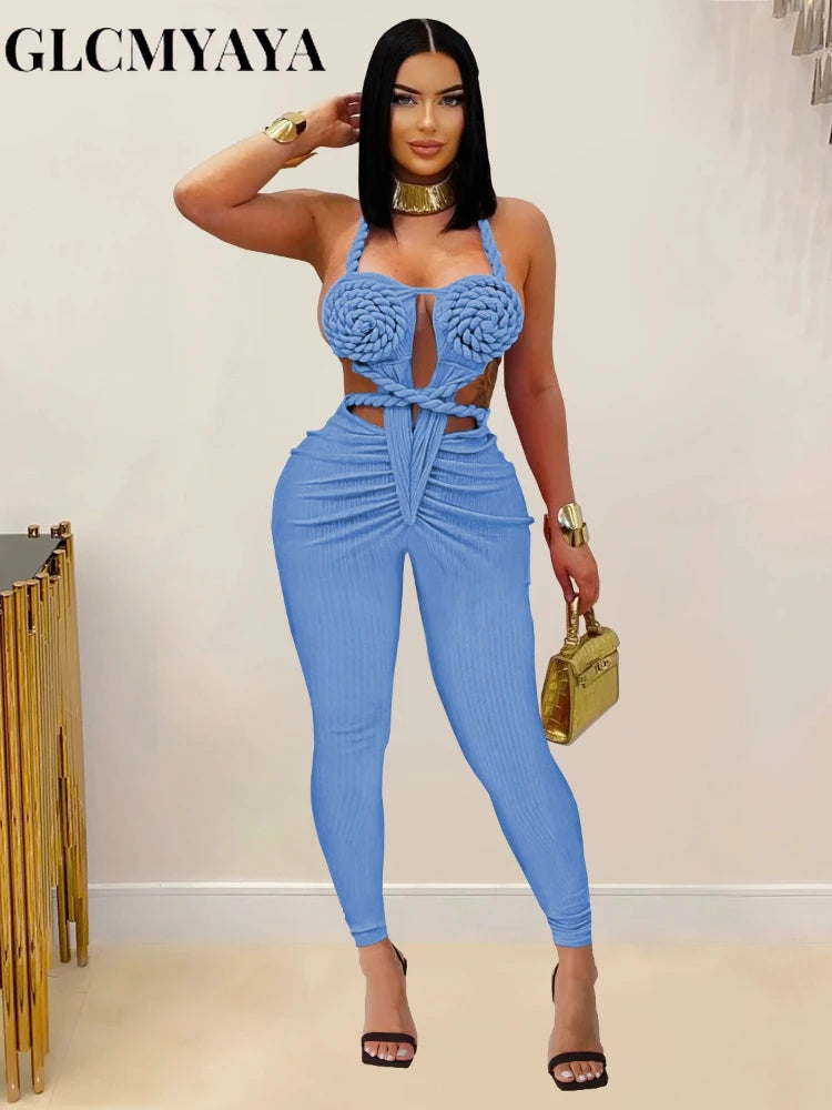 GLCMYAYA Women Halter Neck Knit Ribbed Ruched Stacked Jumpsuits 2025 Summer Vacation Beach Romper Playsuit One Piece Set Outfits