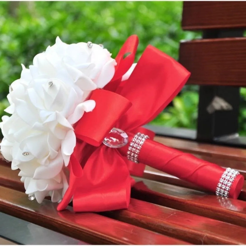 Romantic Rose Flower Bouquet PE Flower Satin Bridal Wedding Bouquet Simulation Artificial Rose Flower Bridal Wedding