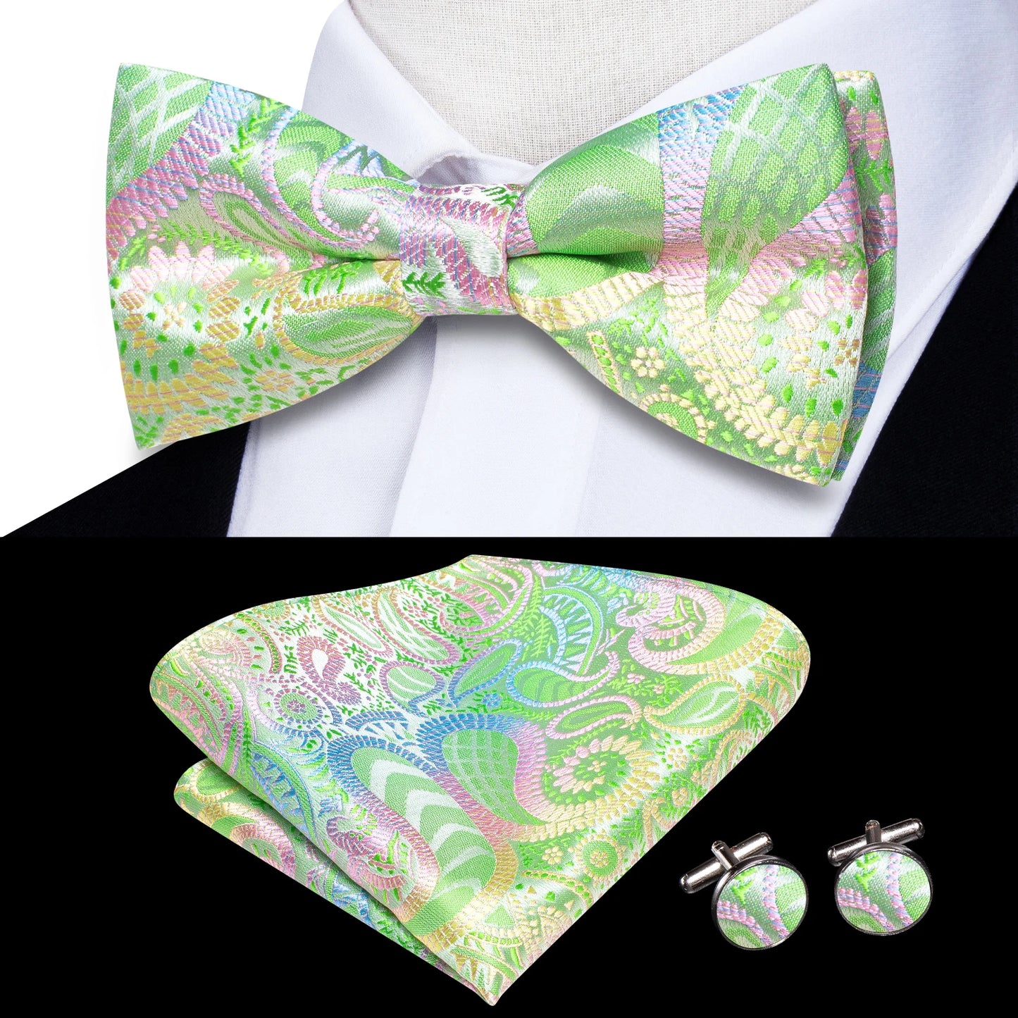 Hi-Tie Pink Dot Silk Mens Pre-tied Bow Tie Hanky Cufflink Set Dusty Pink Butterfly Knot Bowtie for Male Wedding Business