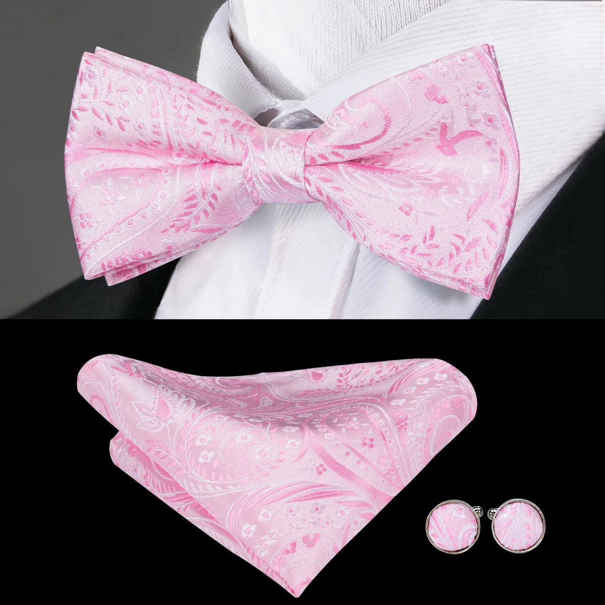 Hi-Tie Pink Dot Silk Mens Pre-tied Bow Tie Hanky Cufflink Set Dusty Pink Butterfly Knot Bowtie for Male Wedding Business