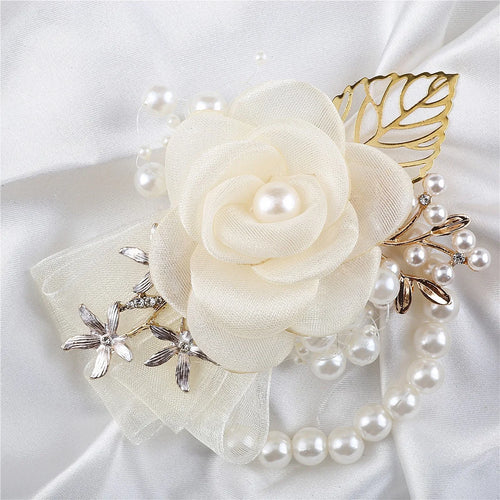 Artifical Rose Flowers Pearl Beaded Wrist Flower Ivory Flowers Bridesmaid Mensuit Marriage Wedding Accessories