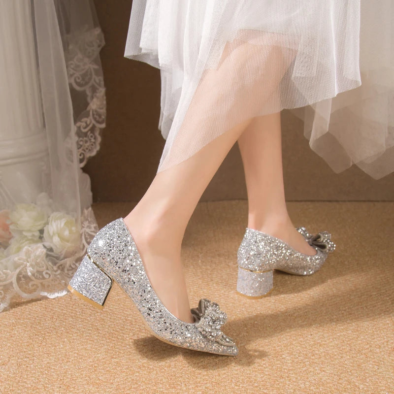 Wedding Shoes for Women 2024 Brand Fashion Women's High Heels Summer Pointed Toe New Crystal Butterfly-knot Bride Shoes