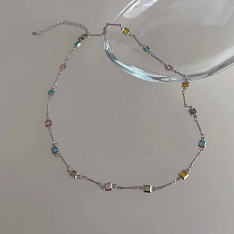 Hot Sale Colorful Square Rhinestone Necklace Fashion Exquisite Light Luxury Zircon Clavicle Chain Female Wedding Jewelry Gifts