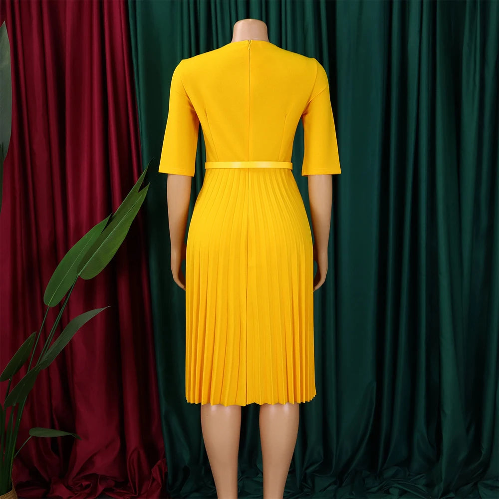 Church Dresses for Women Elegant V Neck Half Sleeves Pleated A-Line Midi Dress Female Classy Modest African Summer Fashion Gowns