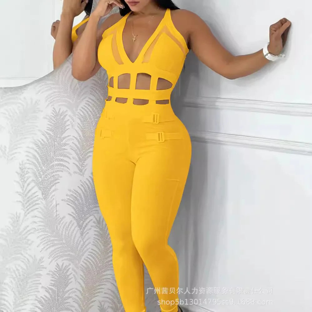 Women's Jumpsuit 2025 Summer New Sleeveless New Fashionable Hollow Camisole Buckle Comparison Mesh Tight Jumpsuit