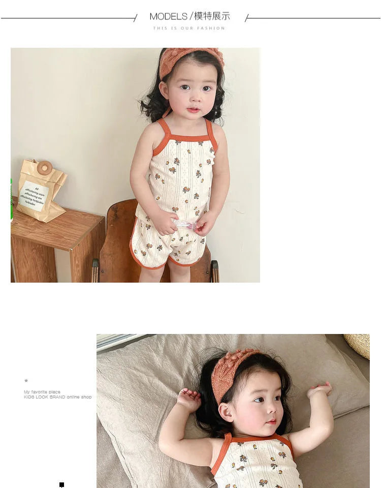 2024 Summer New Baby Sleeveless Tops And Tight Waist Shorts 2 Pieces Suit Girls Square Collar Clothing Set Kids Cotton Clothes