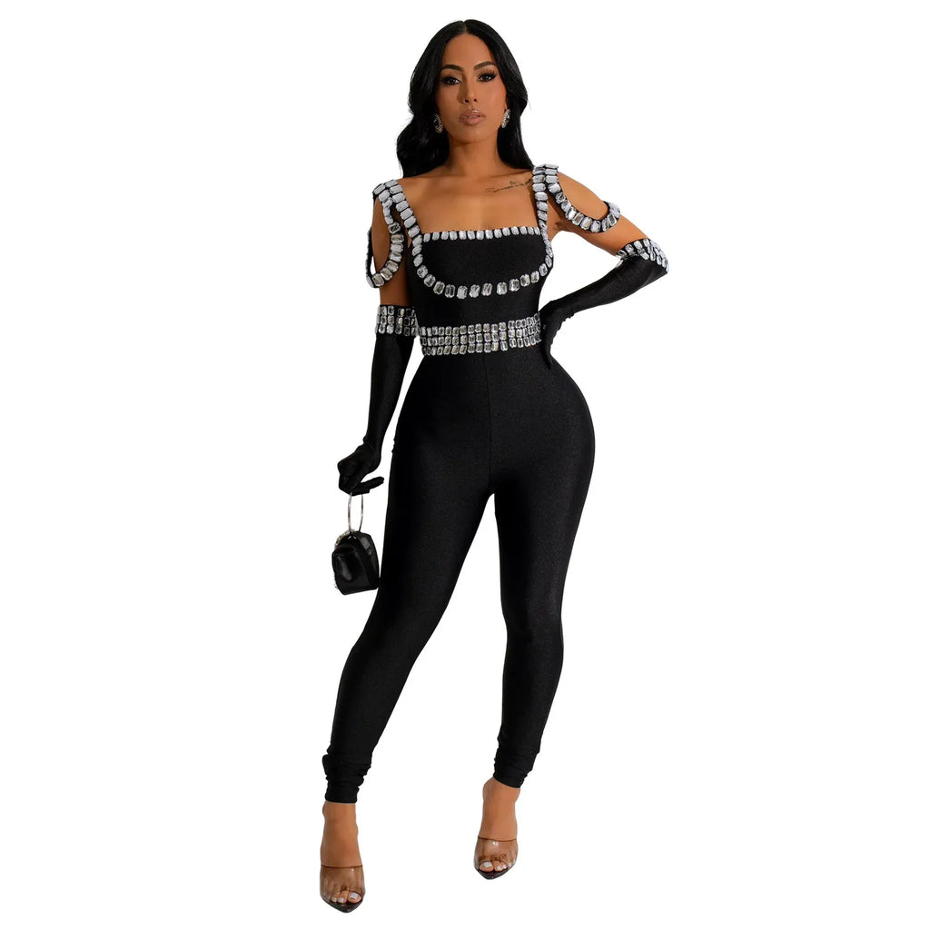 CM.YAYA Women Diamonds Hot Rhinestones Sexy Strap Long Sleeve Jumpsuits Streetwear Club One Piece Overall Rompers with Gloves