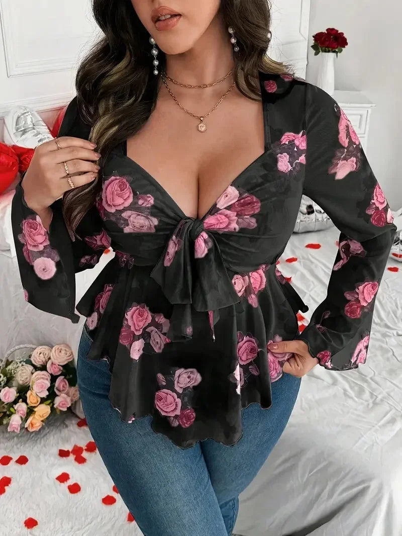 New net fabric rose flower printed net fabric blouse with fitted long sleeves, elegant series net fabric strapless long-sleeved