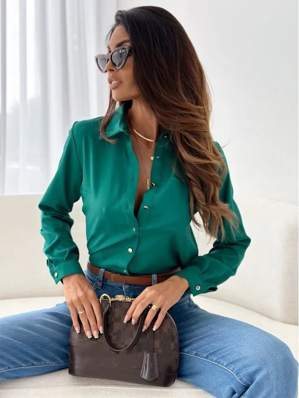 Women's autumn simple solid color V-neck women's shirt shirt women's loose and versatile temperament and personality