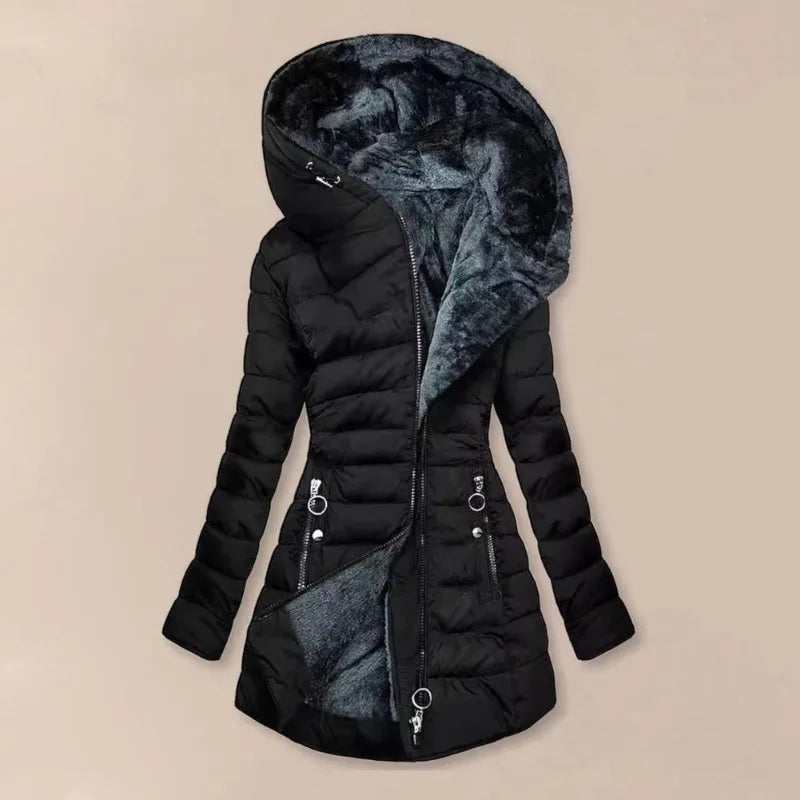 Long Sleeve Coat Solid Women's Winter Jacket with Plush Lining Hooded Outerwear Warm Windproof Down Coat for Cold Weather