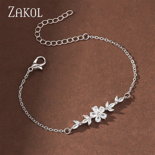 ZAKOL Elegant Zircon Flowers Bracelet For Women Girls Minimalist Charm Gold Color Chain Bracelets Wedding Jewelry