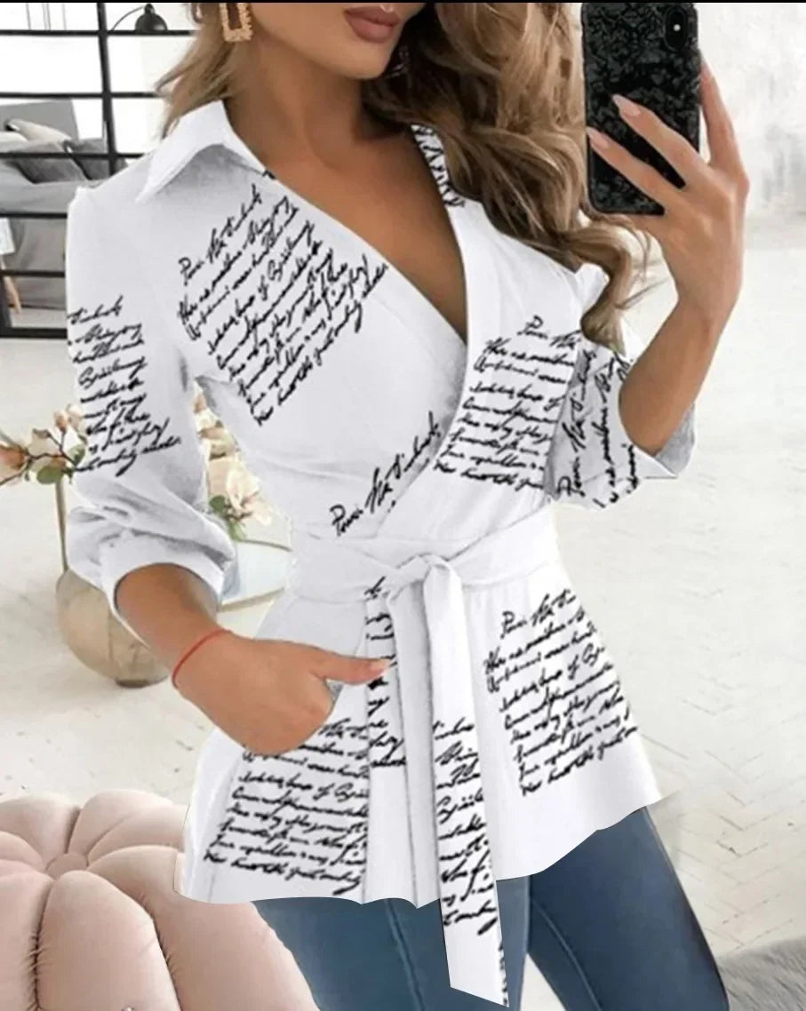 Plus Size Women's Spring/Summer Commuter Elegant Long Shirt Fashion Printed Shirt Long Sleeved Solid Color Lapel Belt Shirt