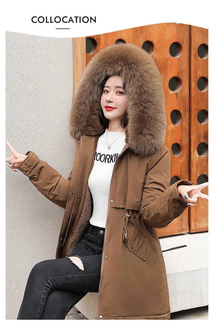 2025 Winter New Korean Edition Loose Thicken Cotton Jacket Women's Big Fur collar Hooded Coat Female Casual Warm Parker Overcoat