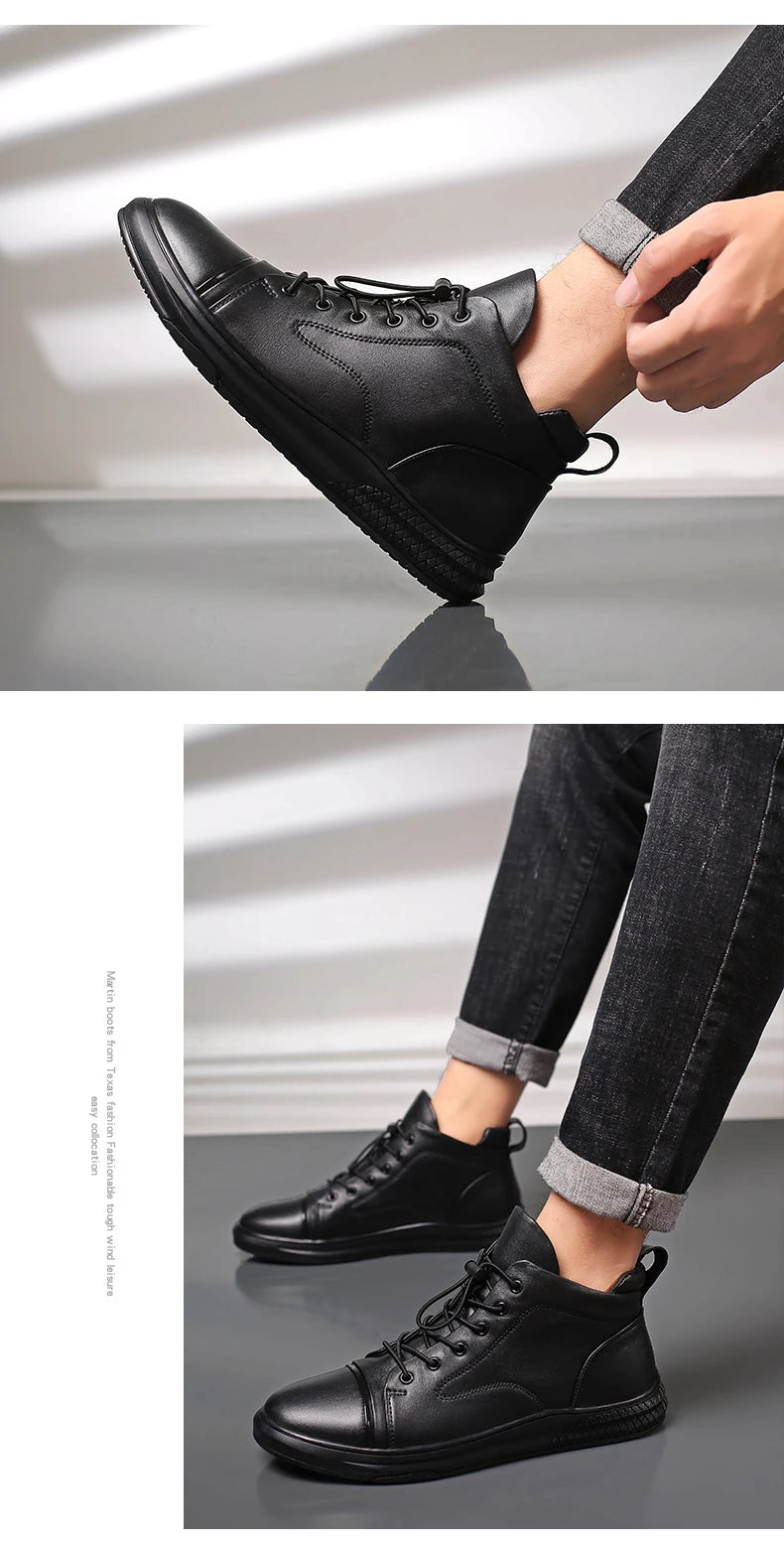 Genuine Leather Men's Casual Shoes Fashion High Top Sneakers Shoes Winter Wool Fur Warm Men Boots Outdoor Snow Non-Slip Footwear