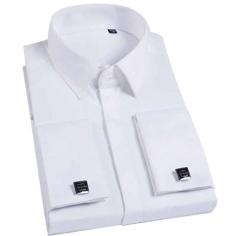 Spring Autumn Men's French Cufflinks Business Dress Shirt Sleeve Pin Solid Color Non-iron Shirts Slim Fit Party Men's Wear