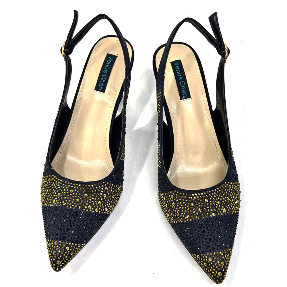 Venus Chan 2024 Hot Selling INS Pointed-Toe Luxury Style High Heels Sandal With Bag Set in Gold Color For Wedding Party Women