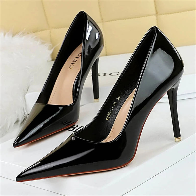 BIGTREE Elegant Simple Woman Heels Slim Heels High Heels Shallow Mouth Pointed Crystal Patent Leather Single Shoes  Women Shoes