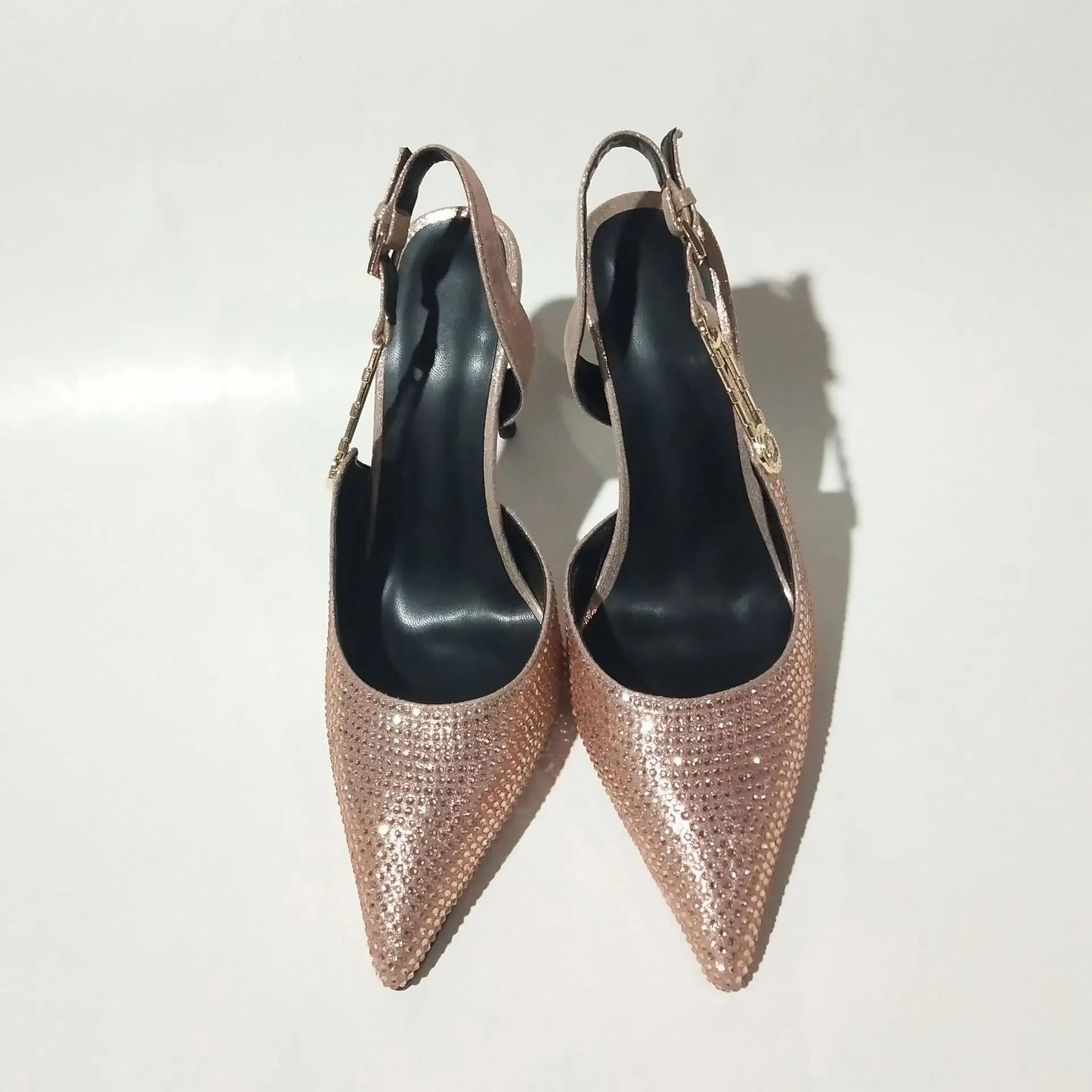 2025Women's Sexy Silk Rhinestone Pumps Belt Buckle Back Hollow Pointed Toe Thin Heel Sandals Pumps Female High Heels Party Shoes
