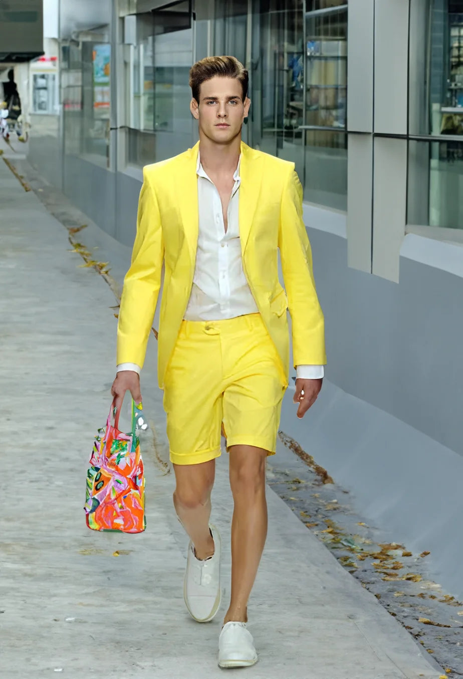 Fashion Yellow Suit for Mens Summer Jacket Shorts Suit 2 Piece Set Wedding Groom Tuxedo Formal Blazer Customized