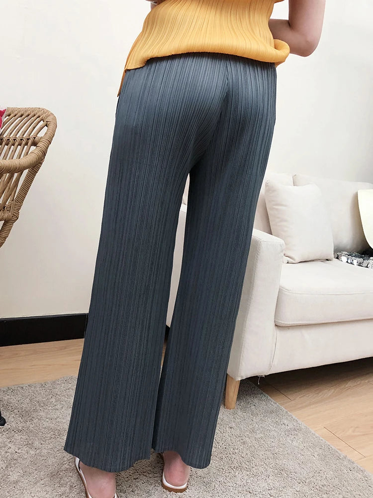 Miyake Pleated Black High Waist Split Side Straight Pants Women Causal Loose Cropped Trousers