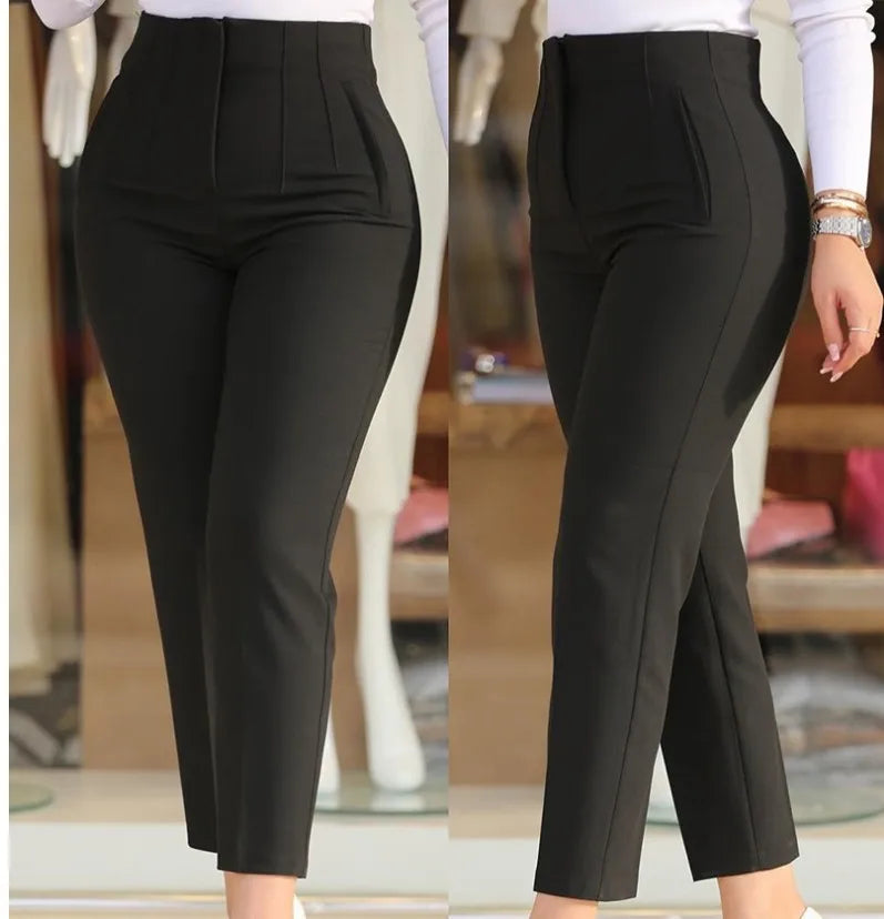 Elegant High Waist Cropped Work Pants for Women Black All-Match Daily Office Formal Wear Fashion Women's Trousers Slim Pants