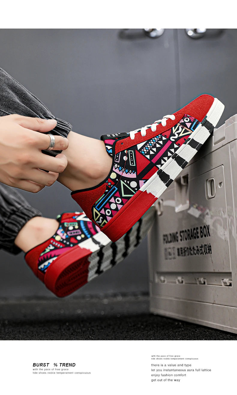 YRZL Men's Sports Running Shoes Canvas Geometric Style Lace-Up Sneakers Couples' Fashionable Graffiti Print Skate Shoes Men