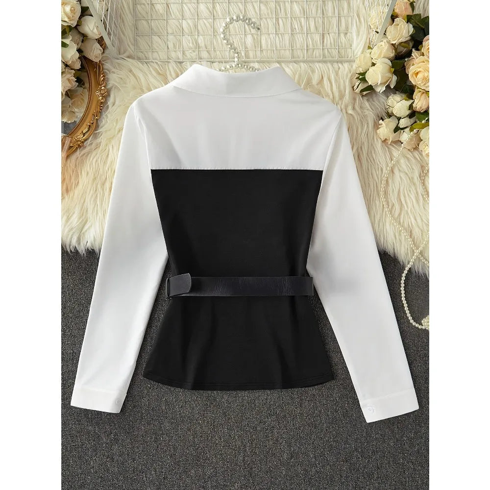 2025 women Plus Size Color Block Layered Shirt: Two-Tone Blouse Design & Belt-Free Comfort for Modern Professional Style
