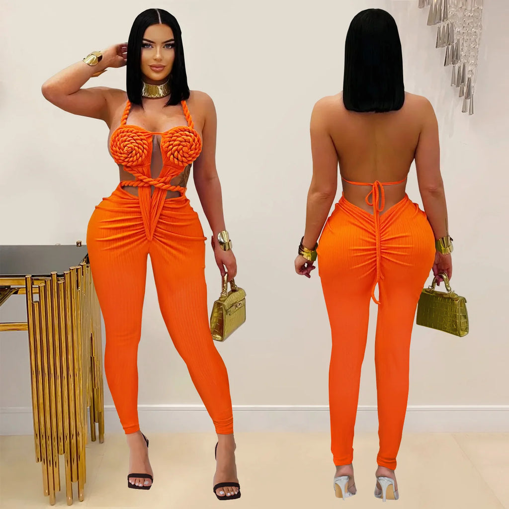 GLCMYAYA Women Halter Neck Knit Ribbed Ruched Stacked Jumpsuits 2025 Summer Vacation Beach Romper Playsuit One Piece Set Outfits
