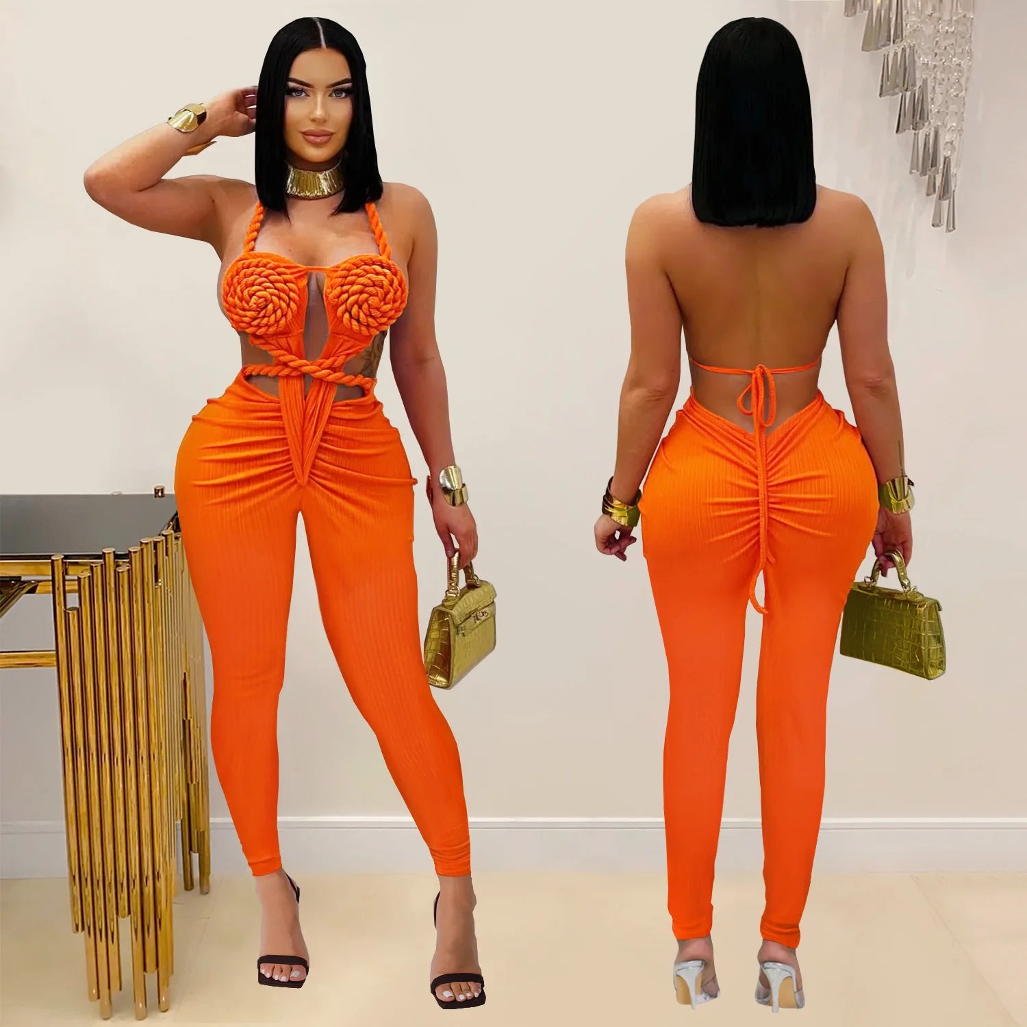 GLCMYAYA Women Halter Neck Knit Ribbed Ruched Stacked Jumpsuits 2025 Summer Vacation Beach Romper Playsuit One Piece Set Outfits