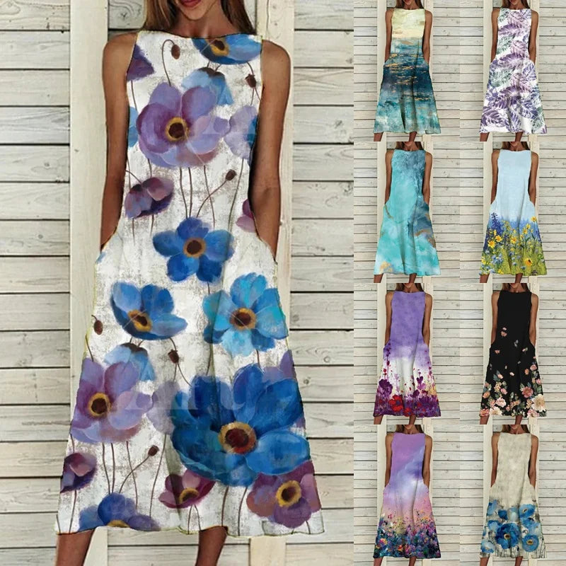 2023 Summer Women Clothing Fashion Elegant Sleeveless Print A-Line Dress Round Neck Casual Party Dresses Girls Sweet Dress