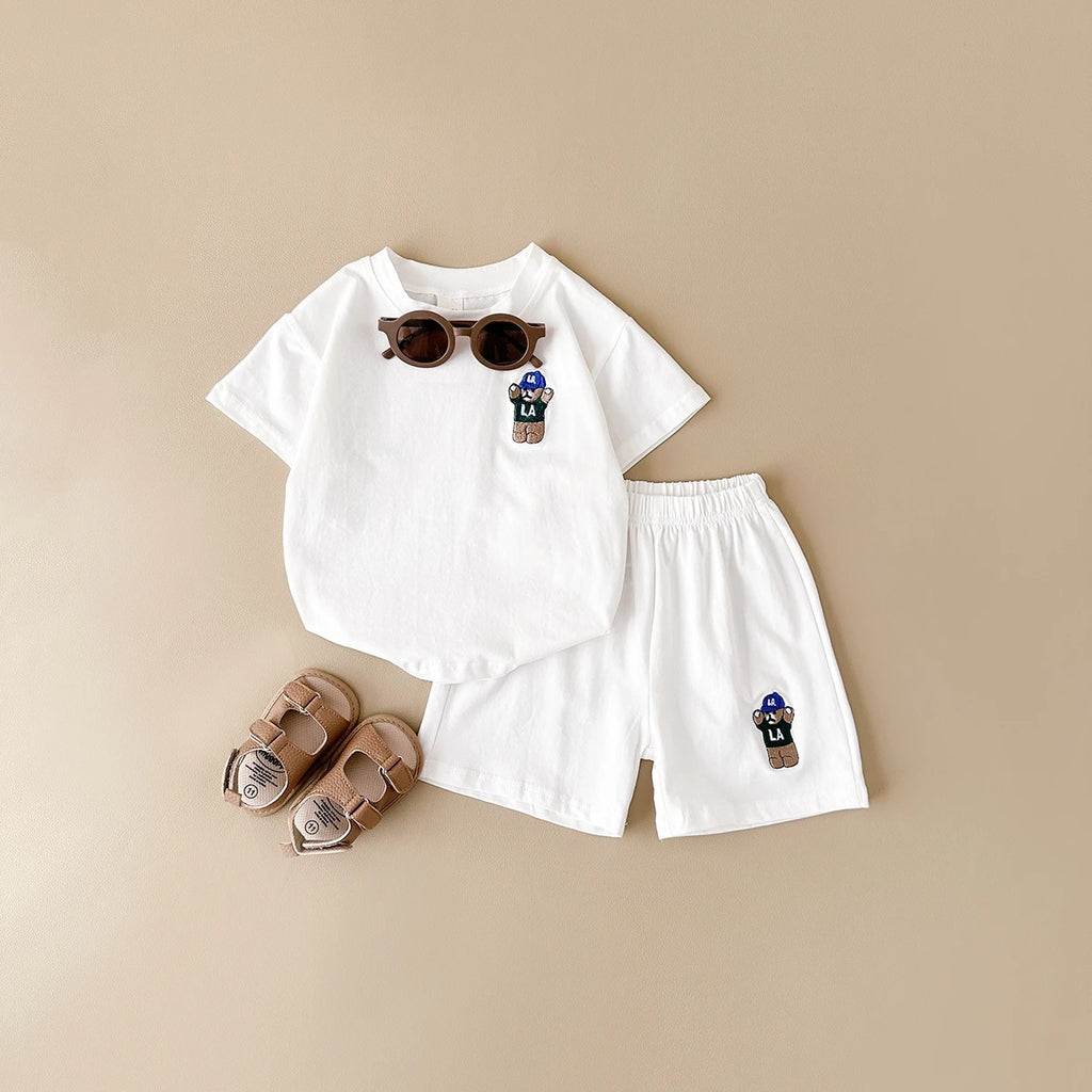 INS Summer Baby Boys Clothes Baby Girls Suit Bear Embroidery Thin Sports T-shirt Baby Cotton Infant Outfit Set Children Clothing