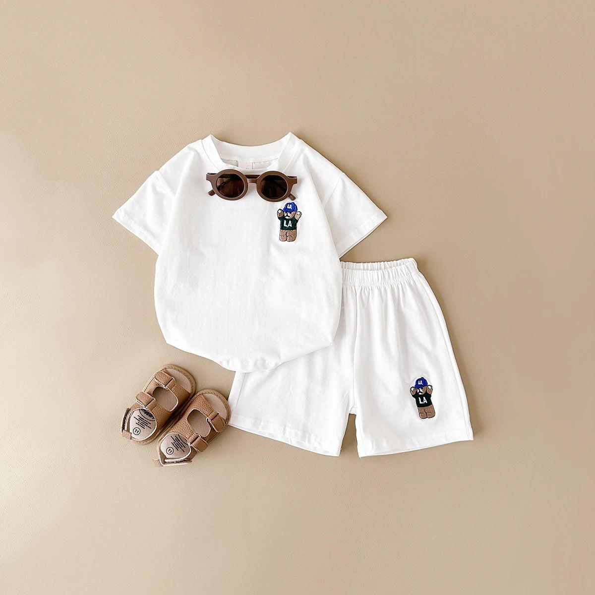 INS Summer Baby Boys Clothes Baby Girls Suit Bear Embroidery Thin Sports T-shirt Baby Cotton Infant Outfit Set Children Clothing