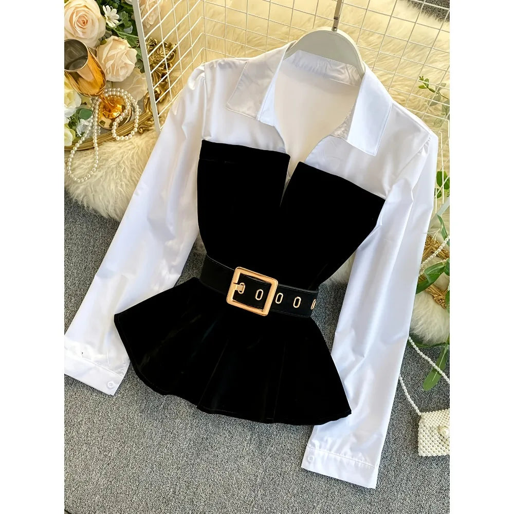 2025 women Plus Size Color Block Layered Shirt: Two-Tone Blouse Design & Belt-Free Comfort for Modern Professional Style