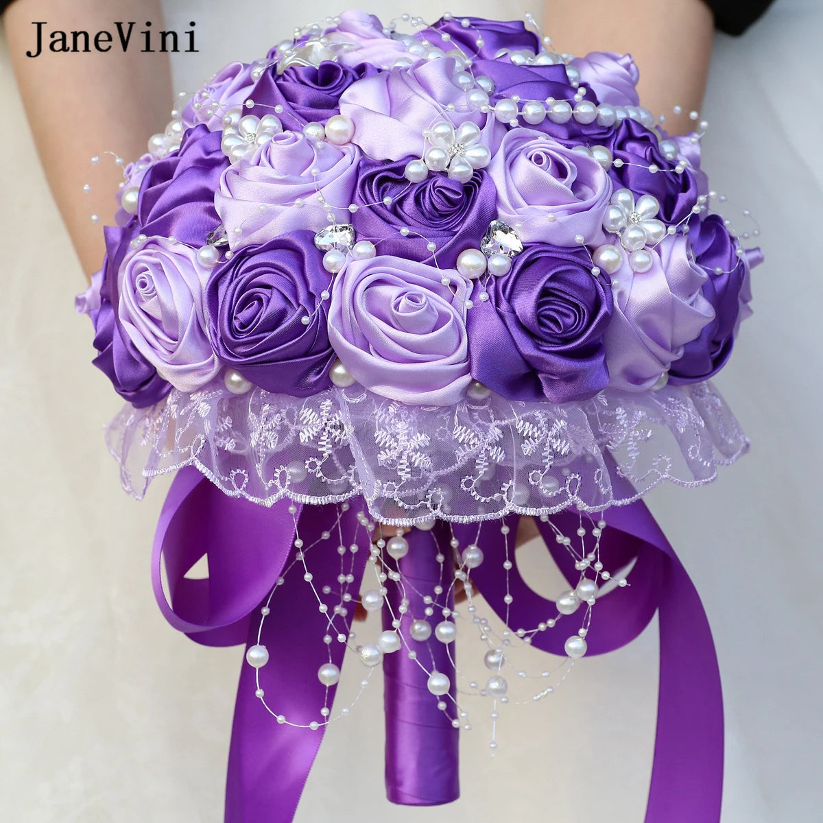 JaneVini Stunning Pearls Purple Flowers Bridal Bouquets Ribbon Handle Artificial Satin Roses Bride Bouquet Wedding Accessories