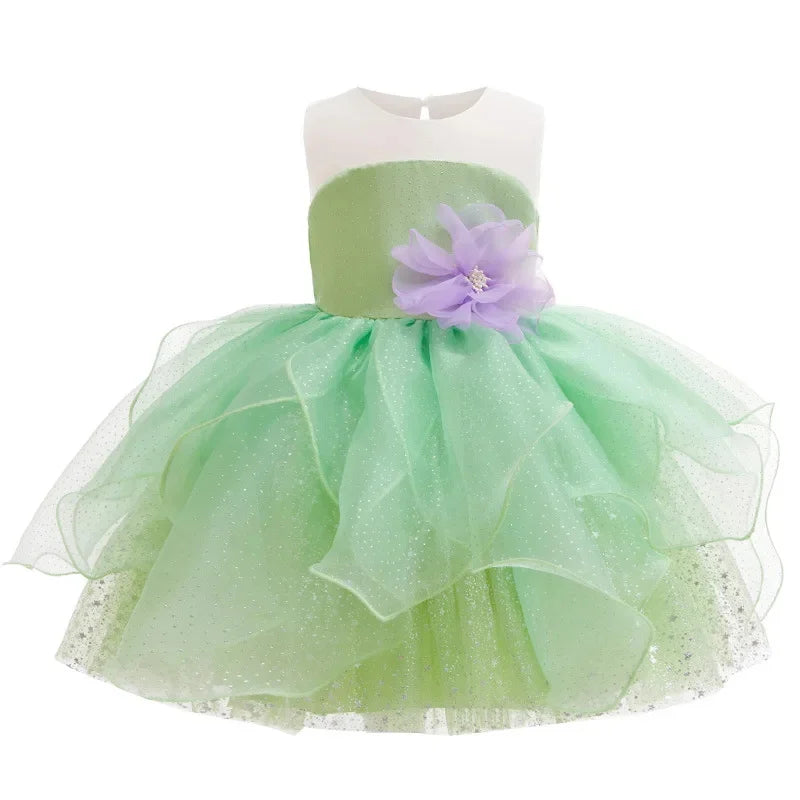 Baby Girl Clothing Flower Fairy Summer Dress For Girls Fashion Shiny Green Princess Dress Sleeveless Ruffle Children Dresses