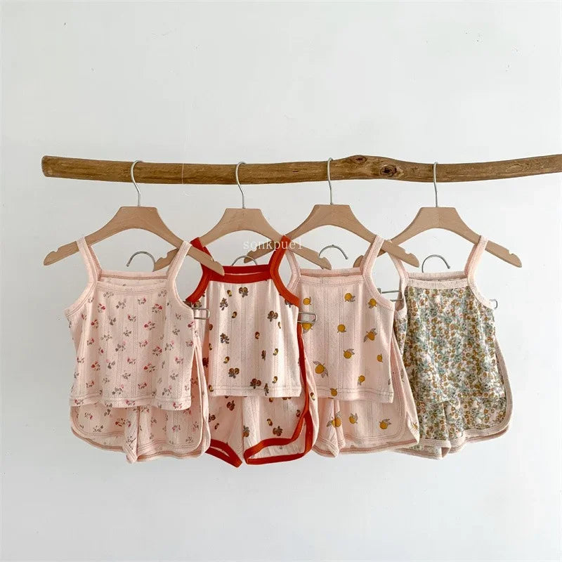 2024 Summer New Baby Sleeveless Tops And Tight Waist Shorts 2 Pieces Suit Girls Square Collar Clothing Set Kids Cotton Clothes