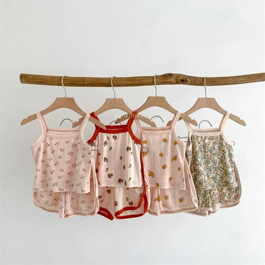 2024 Summer New Baby Sleeveless Tops And Tight Waist Shorts 2 Pieces Suit Girls Square Collar Clothing Set Kids Cotton Clothes