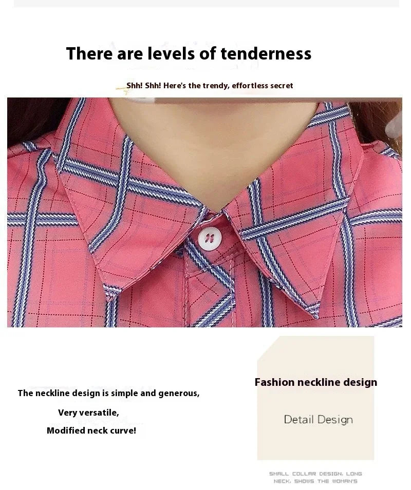 2024 Autumn New College Style Plaid Shirts Womens Long sleeve Button Down Casual Tops Loose Fashion Polo Neck Blouses