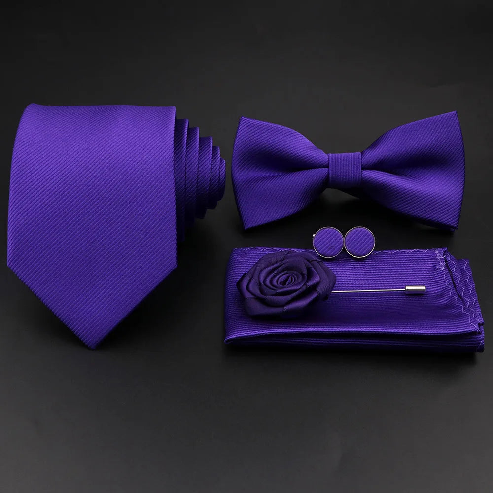 Hot Sale Red Blue Tie Set Polyester Slim Striped Necktie Bowtie Cufflink Brooch For Groom Suit Wedding Cravat Shirt Accessory