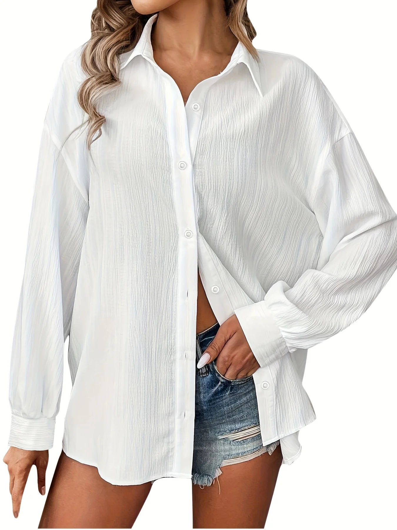 Plus Size 1XL-5XL  All Season Women's Fashionable Solid Color Button Up Shirt Women Casual Long Sleeved Lapel Shirt