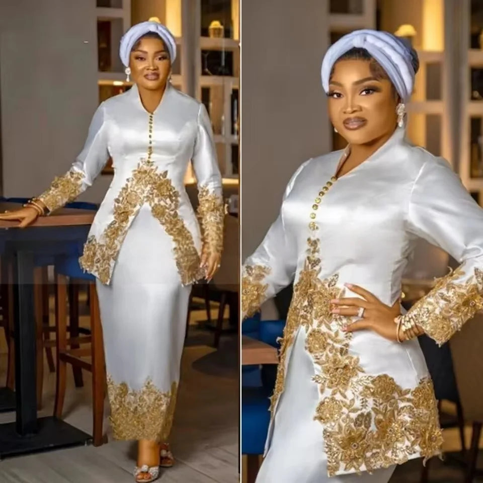 Customized Mother Of The Bride Dresses Long Sleeves Sheath Satin With Gold Lace Appliques V-Neck Arabic African Wedding Gowns